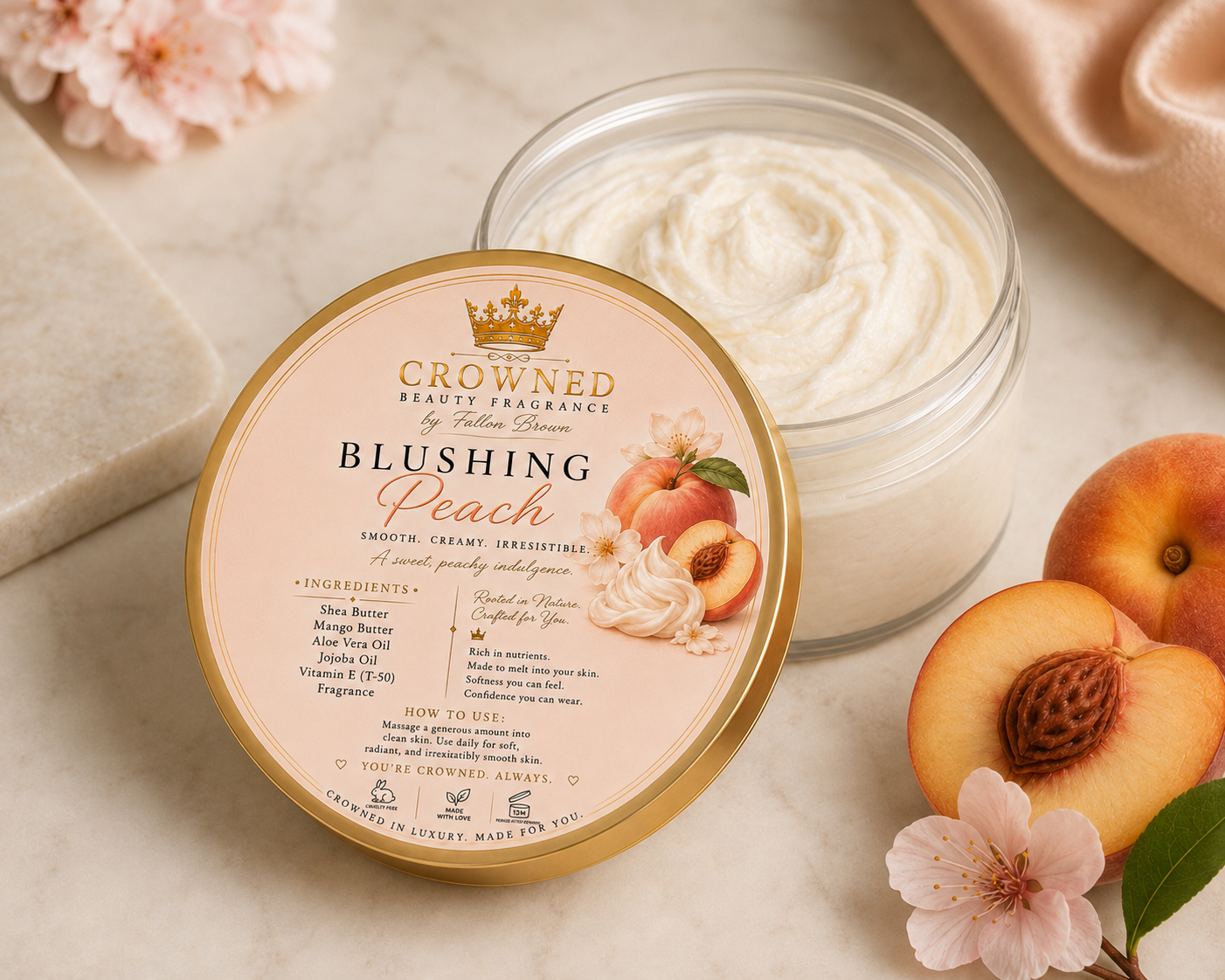 Blushing Peach Body Butter - open jar on marble
