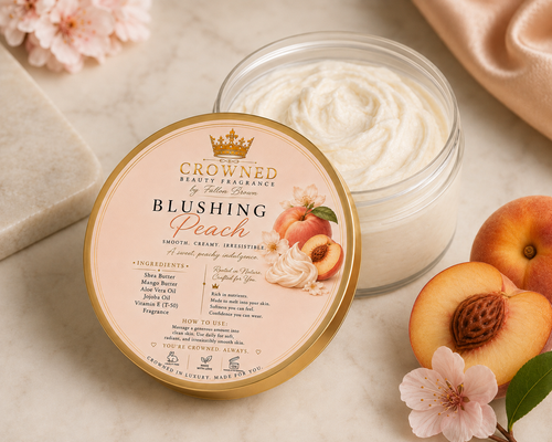 Blushing Peach Body Butter - open jar on marble