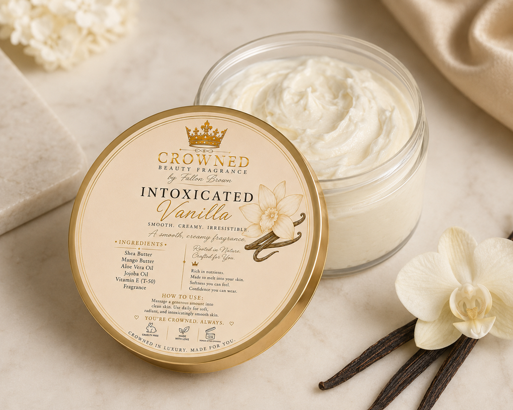 Intoxicated Vanilla Body Butter open jar by Crowned Beauty Fragrance